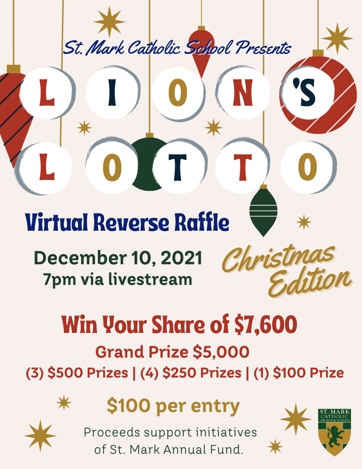 Lion’s Lotto 2021 Virtual Reverse Raffle St. Mark Catholic School